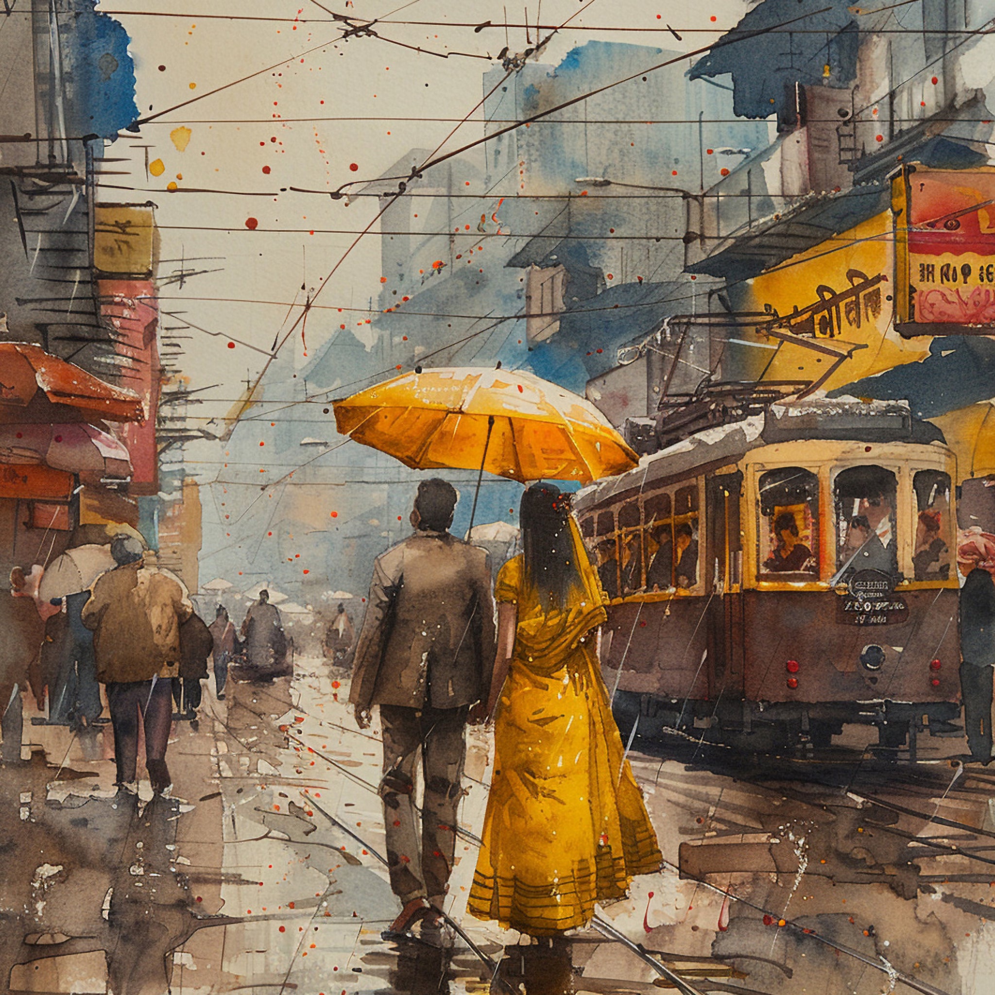 Paar unter dem gelben Regenschirm – regnerische Stadtlandschaft